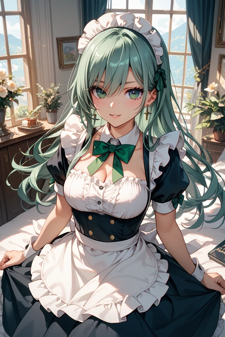 4K,High resolution,One Woman,Green Hair,Braid,blue eyes,Big Breasts,knight,White maid outfit,no good,knight&#39;s boots,knight gloves,Black fishnet stockings,Maid&#39;s Headband,Jewelry decoration,Long sword,Medieval castle town
