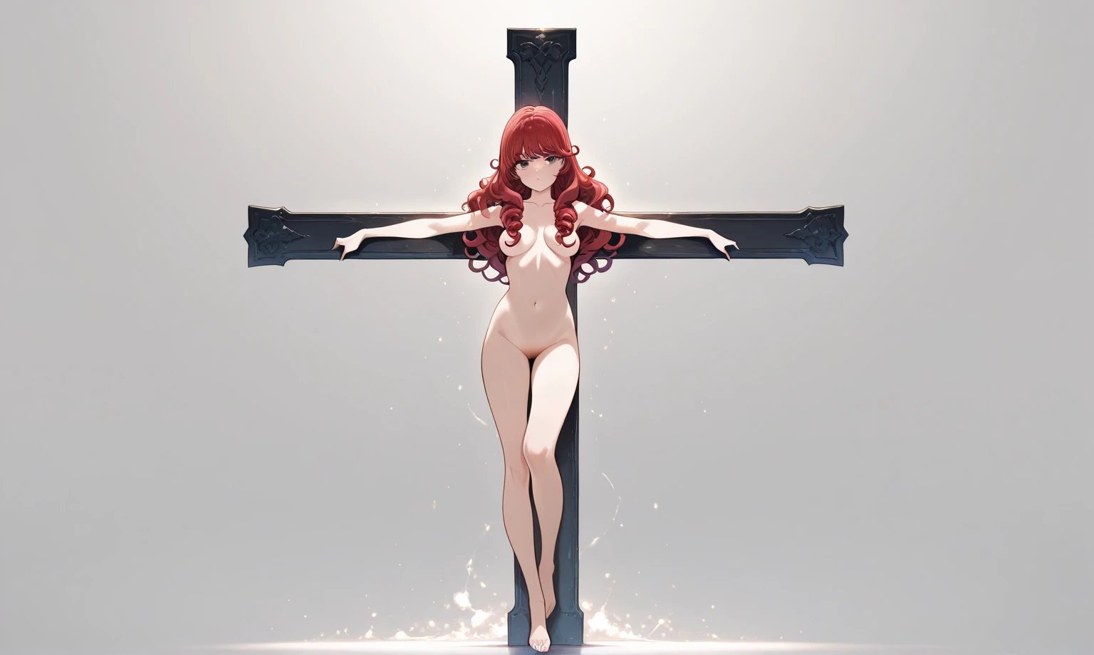 The image is in adult anime style cowboy bebop or Darker than black style with shadows and dim lights, anime style although somewhat adult and dark, It shows an adult woman, 30 year old albino mature woman with red eyes. naked. You can see his bare feet, high. Uneven wavy short hair. has clean toenails. Strong legs. She is crucified against a white marble pillar and is crossed from back to front., by a white spear in his chest. Anime gore nsfw style. Behind her you can see the sky and vacant land below her..