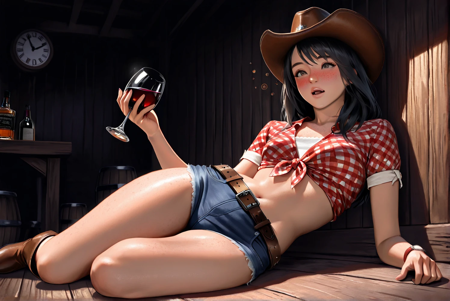 (((1 person:2.0))),(((NSFW:1.9))),(((Nude:2.9))),(((Naked Female Gunfighter:1.8))),(((Wear a gun belt with a holster:1.8))),((Put the watch on your wrist:1.5))),(((Showing cleavage))),(((Exposed thin inner thighs))),(((Small breasts:1.5))),(((Bare arms))),(((Put on your boots:1.5))),((Blushed:1.8)), Beautiful detailed girl, Very detailed目と顔, 緻密でBeautiful Eyes, Very detailed, High resolution, Highest quality, masterpiece, Very detailed, 8k wallpaper, wonderful, finely, Highest quality,(Standing in front of a wooden wall),Beautiful Eyes,((Engage your audience:1.5)),((Cowboy Shot:1.5))),((Front shot:1.2)),((Place your right hand on your chest:1.5)),((Drinking whiskey:1.4)),(((Drunk,Cry:1.8))),(((Sit with your legs apart:1.8)))