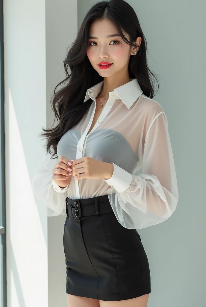 ((Best quality, 8k, Masterpiece :1.1)), Sharp focus :1.2, A Pretty Girl with perfect figure :1.4, Slender abs :1.2, ((Layered long hair, Big breasts :1.2)), (White tight shirt :1.3), office wear, very short black skirt (Sultry) ((Aroused: 1.5)), night: 1.5, (Black pantyhose), Open button shirt show , Rain :1.5, Street:1.3, Highly detailed face and skin texture, Detailed eyes, Double eyelid
