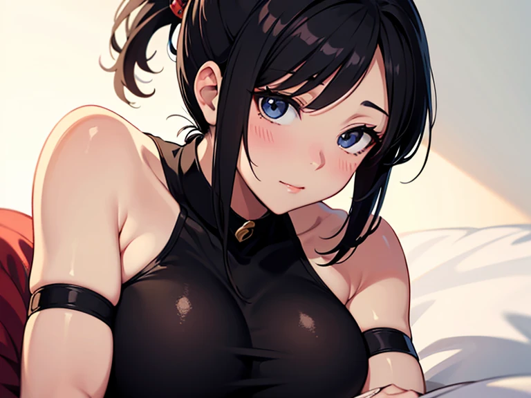 Sexy and cute woman, black hair tied in a braid, big forehead, seductive eyes, pink lips parted, blushing intensely, long neck, lustful expression, bare shoulders, medium chest, cleavage, lying on bed, nsfw, sexy, lewd, nude