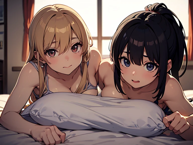 (best quality, 8k, highres, photorealistic:2.0), (two girls:2.0),(lighting: front),(lighting: strong),(ultimate beautiful girl:2.0),(shiny skin),(oily skin),(platinum blonde hair:1.5),Blush brown makeup , dark eye makeup , use pink glossy lipstick,(big eyes girl:1.5),(girl amazing sex appeal:1.5),(lesbian partner:1.5),(two people who love each other very much),(Two girls are looking at each other with smiles:2.0),(touch each other's bodies:1.5),(flirting boldly),(ultimate elegance),(ultimate erotic),(The sexual excitement of the two women is at its peak),(excited face),(Lesbian caresses:2.0),(lesbian sex),((Hairy crotch:1.1)),((pubic hair)),(topless woman:1.5),(No clothes),