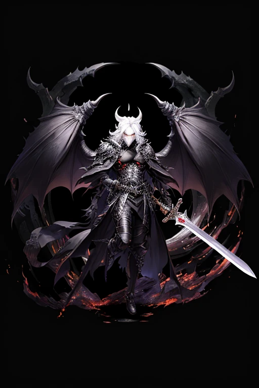 The Dragon Lord holding two extremely detailed swords one in each hand, the first one is longer than the other and black, an extremely detailed black steel dragon head helm on the shoulder with a closed visor, highly detailed black steel shoulder pads modeled after dragon heads with shimmering silver ornaments, a gray one lying on top Cloak featuring an ultra-highly detailed cloak, ultra-highly detailed ruffled gray dragon wings, insanely realistic graphics, insanely detailed detailing, ultra-realistic and highly detailed heavy black star armor with shiny, magnified shiny silver ornaments and and a gray tunic, extremely detailed heavy black steel gloves and boots with reinforced shiny silver Ornaments, the light is reflected on the ornaments, smoldering ash floats from torches from the left to the right corner of the arched aisles, when walking through the cathedral,