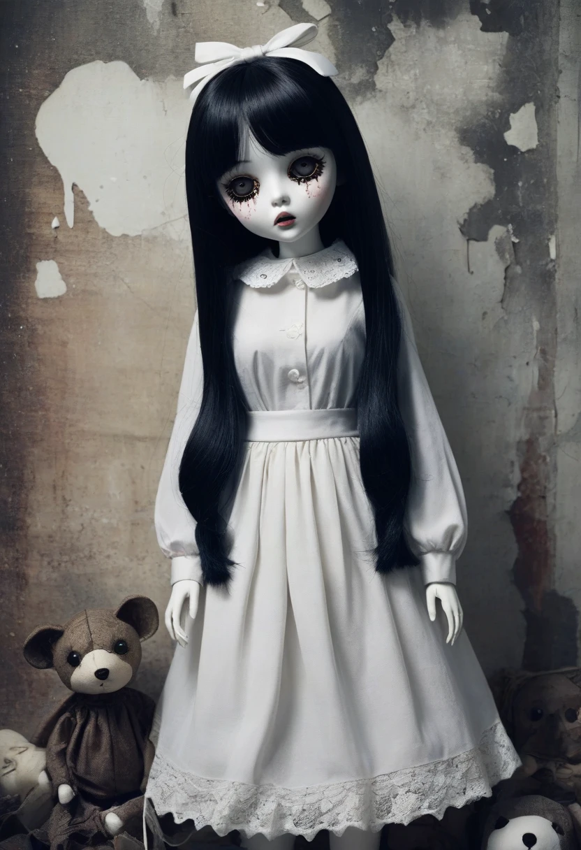 A CHILDREN'S ANA BELLE STYLE DOLL MADE OF OLD AND FACELESS PORCELAIN DAMAGED, REALISTIC GOTHIC IMAGE DEMONIAC IMAGE