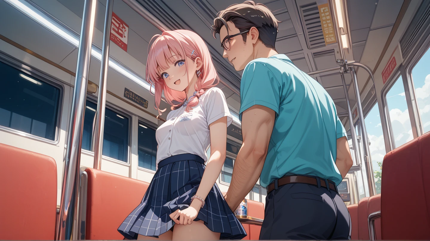 NSFW,Amica、ponytail、Hair Ribbon、clavicle,sweater,Off the shoulder,hot pants,stockings,Heel,(Perfect hands),(Perfect Anatomy),(masterpiece),(Highest quality),Embarrassed,blush,(train:1.5),Are standing,(One man:1.5),(Being molested:1.5)