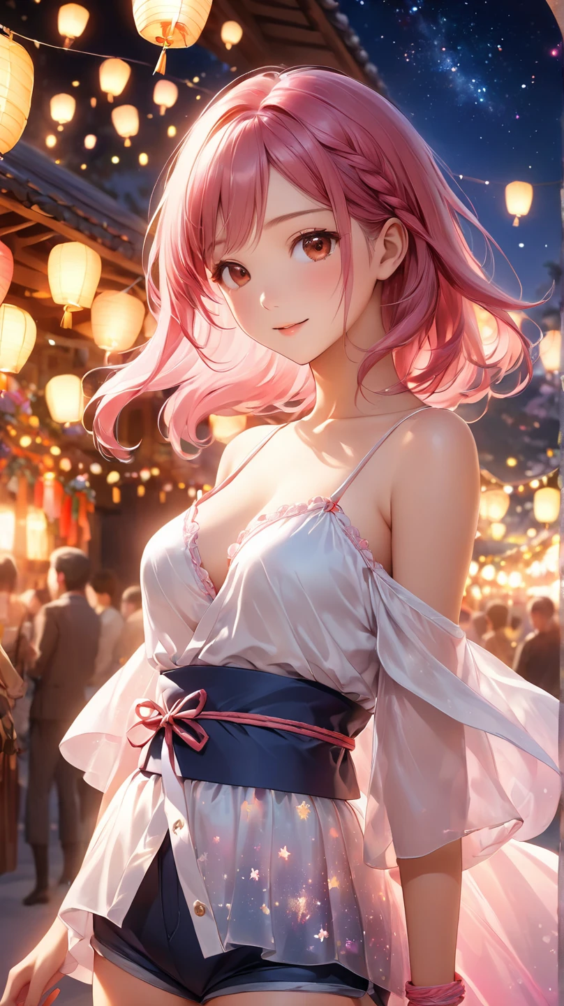 (Best Quality,High resolution,8K,finelity detailed background,Masterpiece:1.2),beautiful girl,Shiny pink hair,pony tail,Beautiful pink eyes,Gentle look,A refreshing look,Best quality,Best Quality,Aesthetic and aesthetic:1.2,Best details((Super detailed))(High-definition CG illustrations),yukata(Floral),Slender body,night,Fireworks display,Fireworks in the background,Fireworks,smile,blush,cute,Scrounge,Looking up,Being spoiled,super model
