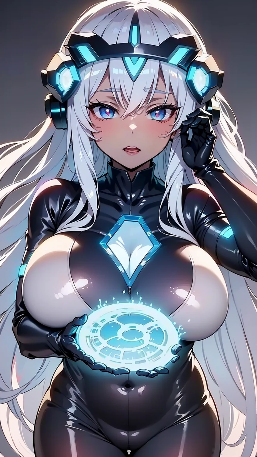 empty eyes,robotized woman ,big bust,Robot Joint ,Metal skin,Black Suit,long hair,a suit that covers the whole body,mechanization,robot, antenna