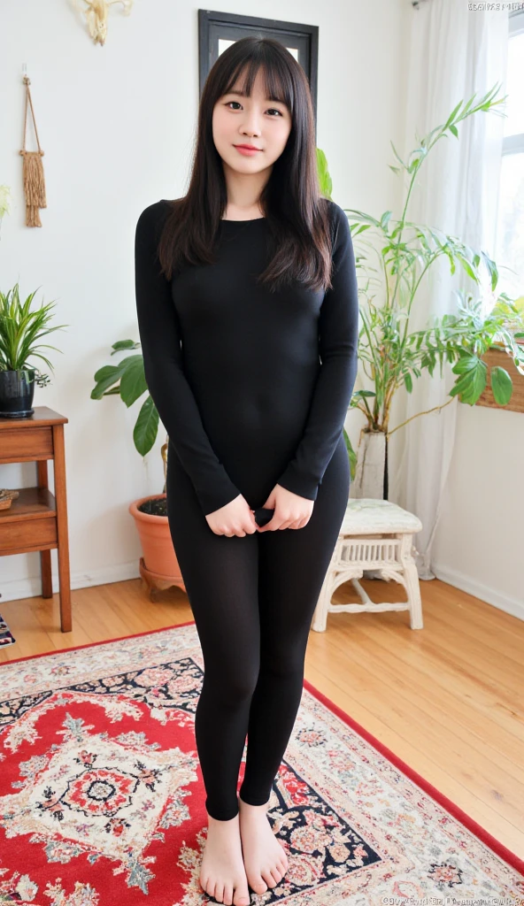 10 year old Girl, tight black ful-Body-suit, bare foot, standing, ???,