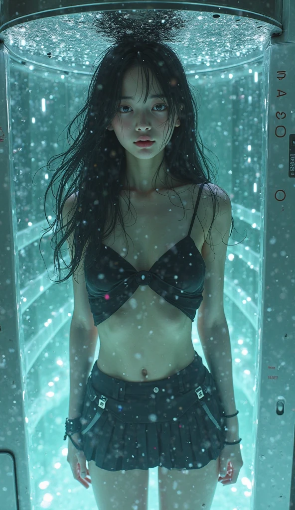 Top quality, high definition photo, masterpiece, succubus, super beautiful girl, long black hair, big brown moist eyes, unkempt hair, (armpits: 1.3), arm raised, underarms, micro bikini, abs, sweat, seductive smile, ruthless eyes, strong libido, flushed cheeks, pure white beautiful skin, red wet lips, white teeth, long tongue, armpit odor, eerie lighting, dark torture chamber