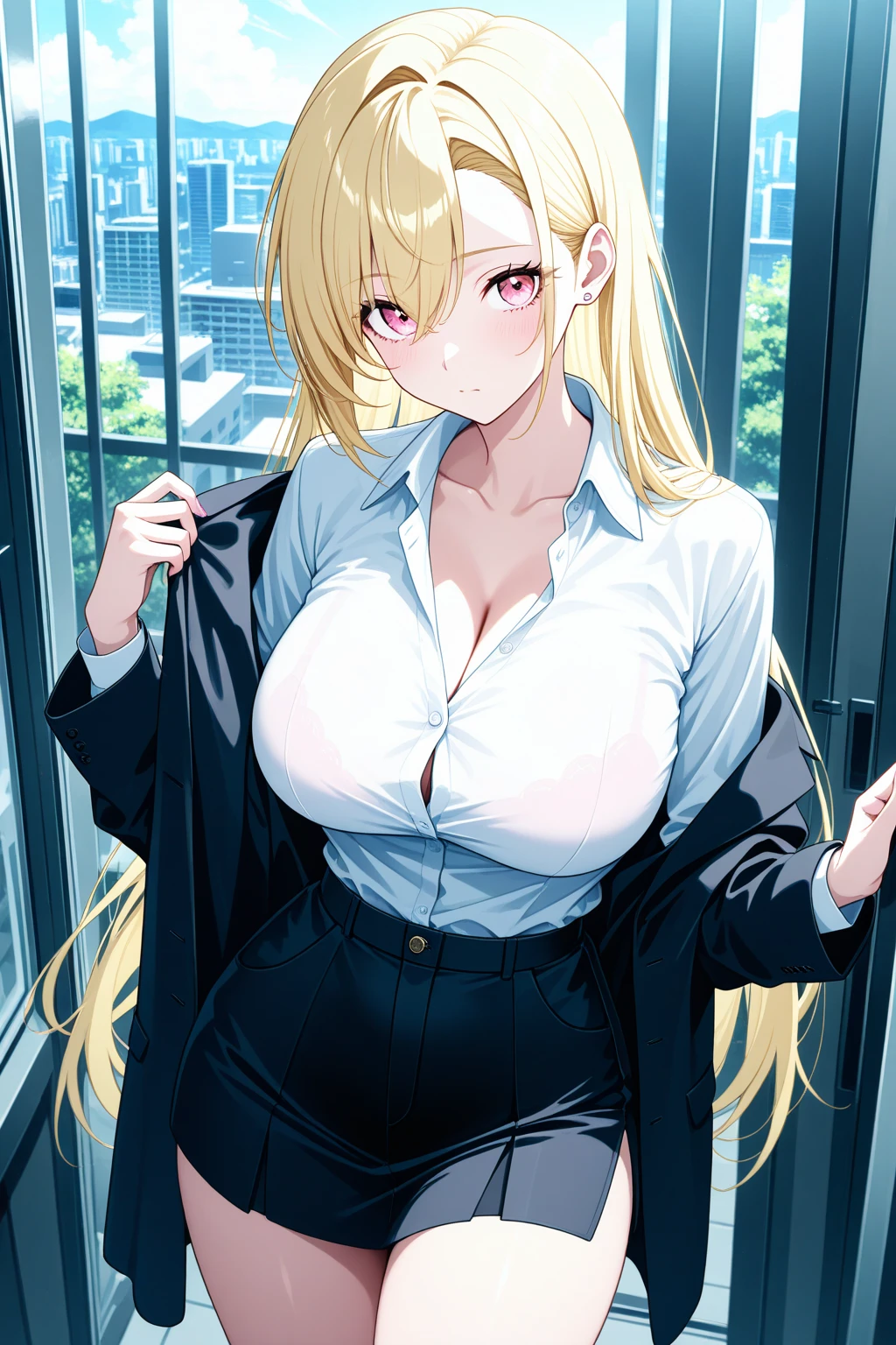 high quality, high resolution,(((nsfw))),(((one women))),(((beautiful face))),(((blue eyes))),(((light blonde hair))),(((crossed bangs))),(((medium wavy hair))),((large breasts:1.5)),((sweaty skin)),(((business suit))),(((Jacket))),(((bottomless))),(((black garter belt))),(((black lace panties))),(((pantyhose))),
BREAK,(embarrassed,blush:1.3),(steam:0.8),(wet:0.8),(sweat:0.8),(trembling:1.3),(parted lips:1.3),(harf open eyes:1.4),(feeling weak:1.5)
BREAK,(((outdoor))),(((night))),
BREAK,(((model posing))),((open legs:1.8)),(((arms behind back))), 
BREAK,(((cinematic angle))),(looking at viewer),((upper body))),(((focus on breasts)))