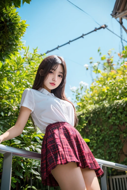 ((Blackpink rosé)), tiny white t-shirt, tiny blue pleated skirt, pink panties, black high heels, close-up from thighs to face, shot from below, very fair skin, very long hair, wavy hair, camping, Forest, photorealistic, Indirect lighting, volumetric light, ray tracing, hyper-detailed, best quality, very high resolution, HDR, 8k