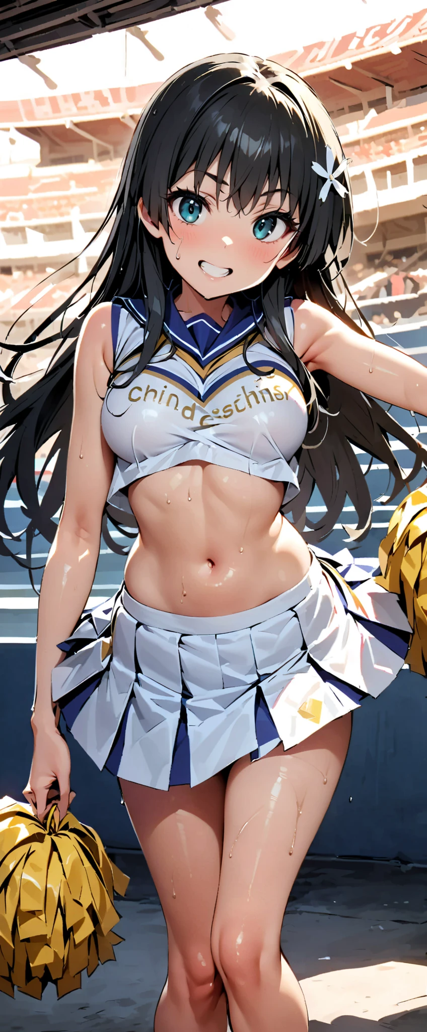 1 female,black hair,18-year-old,(((Shiny race queen uniform with exposed belly button)))(((blush、open mouth smile)),(((straight hair))),,,(wet with sweat)(leather thigh high boots)(((beautiful breasts)))((Tight Skirt))((crop top))glasses,race track