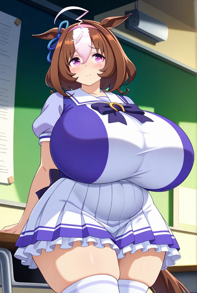 (huge huge tits), High resolution, 1 girl, marl, alone, Tokai Teio (Umamusume), Trasen , white thighs, white skirt, ponytail, sailor shirt, short sleeve, very long hair, brown haired, horseshoe decoration, sailor collar, purple shirt, hair intake, mini skirt, land, teeth, blue eyes, bangs, embarrassing, short stature, transistor glamor,