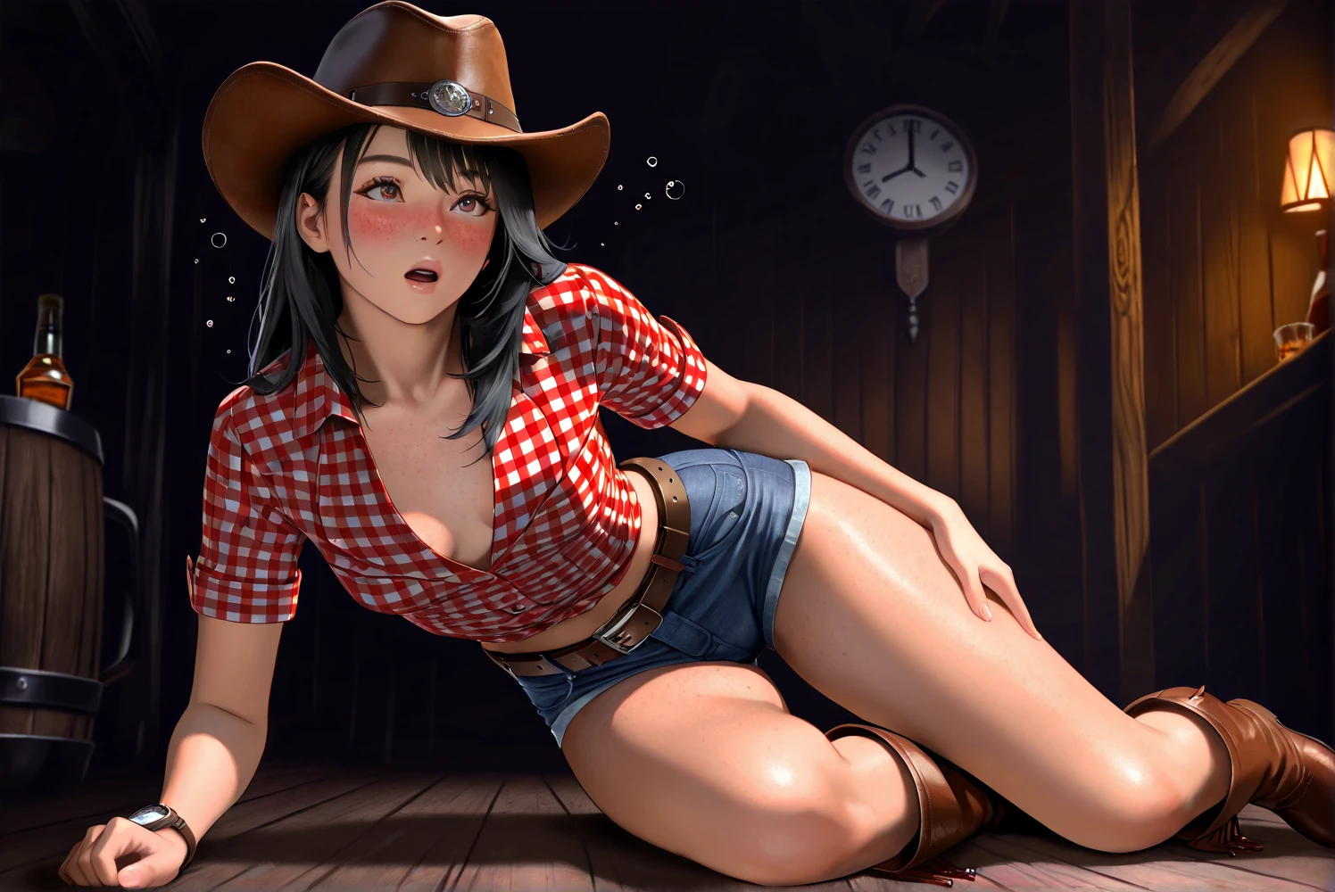 (((1 person:2.5))),(((NSFW:1.9))),(((Nude:1.9))),(((Naked Cowgirls:1.5)))(((Wear a gun belt with a holster:1.8))),,((Put the watch on your wrist:1.5))),(((Showing cleavage))),(((Exposed thin inner thighs))),(((Small breasts:1.5))),(((Bare arms))),(((Put on your boots:1.5))),((Blushed:1.8)), Beautiful detailed girl, Very detailed目と顔, 緻密でBeautiful Eyes, Very detailed, High resolution, Highest quality, masterpiece, Very detailed, 8k wallpaper, wonderful, finely, Highest quality,(Standing in front of a wooden wall),Beautiful Eyes,((Engage your audience:1.5)),((Cowboy Shot:1.5))),((Front shot:1.2)),((Place your right hand on your chest:1.5)),((Drinking whiskey:1.4)),(((Drunk,Cry:1.8))),(((Sit with your legs apart:1.8)))