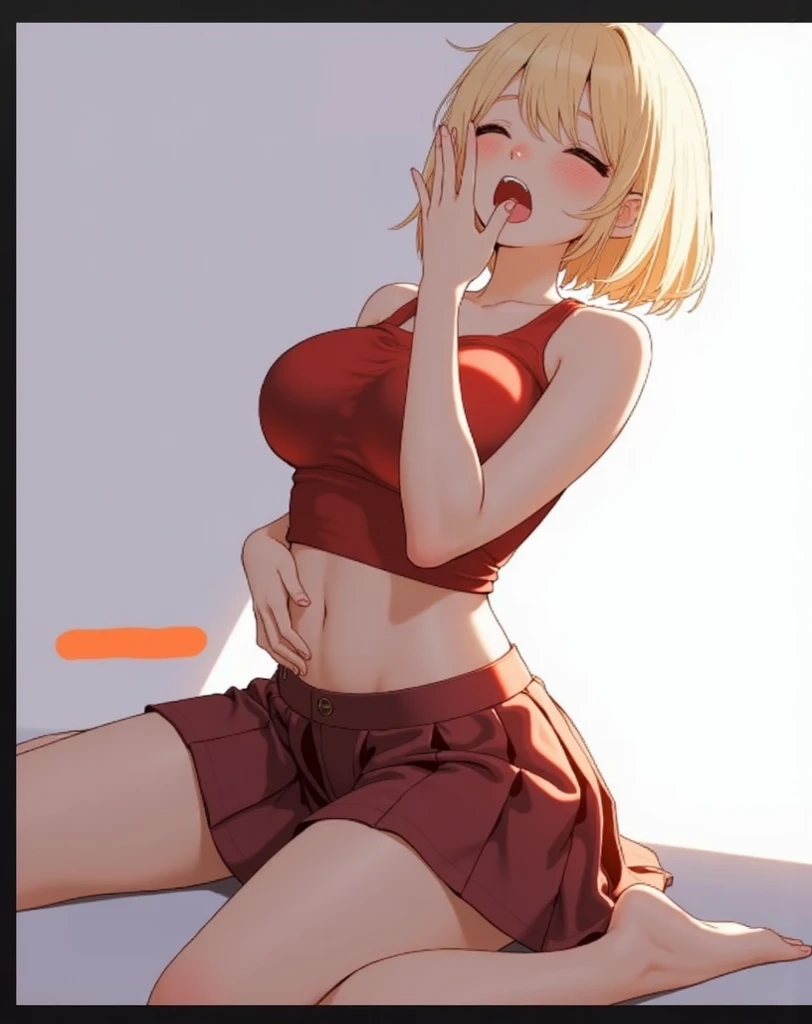X-rated，undertale，chala，teenage girl，blonde short hair，Red-eyed，Smile，Sexy，Red cropped top，hot pants，standing paintings，Underwear model，lust，hand repair，detail， no clothes，HD，no underwear， TV show，Cocked buttocks，stick out your tongue，playful，love，hips close，Sweat，Rear view，big ass