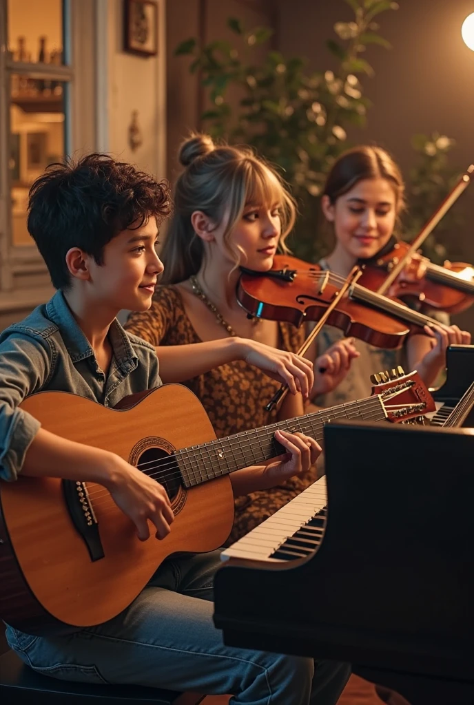 Cute girl with piano and boy with guitar sitting in music studio for singing. 