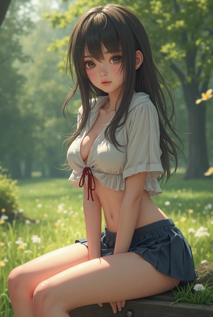very cute and beautiful girl,(highly detailed beautiful face),
white camisole,sitting,spread legs,(white panties) BREAK
 (smile),happy,looking at viewer,(pleated blue mini skirt:1.2),
countryside,grassland,hilltop,tiny colorful flowers,wooden fence,detailed landscape,black hair,twin braid,
(best quality,masterpiece:1.2),absurdres,highres,ultra-detailed,extremely detailed,32k,8k resolution,
intricate details,cinematic scene,detailed background,solo,dynamic angle,beautiful detailed sky,