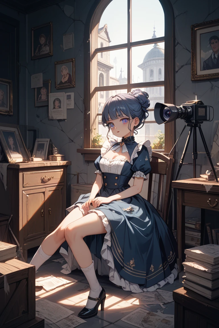(masterpiece, highest quality, highest resolution, distinct_image, very elaborate CG, cinematic lighting, ray tracing, drop shadows, detailed detail, (photorealistic: 1.4), high quality textures, fine-grained, realistic facial expressions): (lone girl, face is Japan, short blue hair, hair tied back, small size breasts, Sparkly blue eyes, eye level shot, happy smile, beauty, slim body, holiday, own room, console games, computer, display, keyboard, mouse, long blue dress, long boots, antique radio, coffee, model train, bookshelf, wooden chair, pot, fan, painting, stuffed animal, tie, notebook, stationery, vase, photo frames, letters, fountain pens, calendars, lamps, cushions, baskets, mirror in profile, candles, newspapers, sweets, outside the window you can see the park, telephone, fruit, telescope, retro TV)