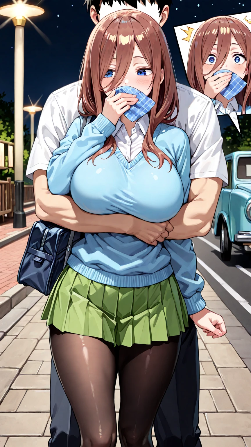 highest quality、One Girl And One Middle Aged Man,(15 years old:1.5)、full body figure、very big boobs,big ,perfect 5-fingered hands、yui kotegawa, black hair, (brown eyes:1.5), long hair,green skirt, plaid, plaid skirt, sainan high school uniform, school uniform, skirt, sweater vest, (yellow sweater:1.3), short sleeves,、Yui Kotegawa、shy face、perfect thing、big breasts、perfect arms、perfect legs、detailed description、small details、detailed face、white skin、Voluptuous legs、A man touches a girl's chest、man hugs girl、on the train、On the train、black panties、Black Panties、I can see your panties、long hair、black hair