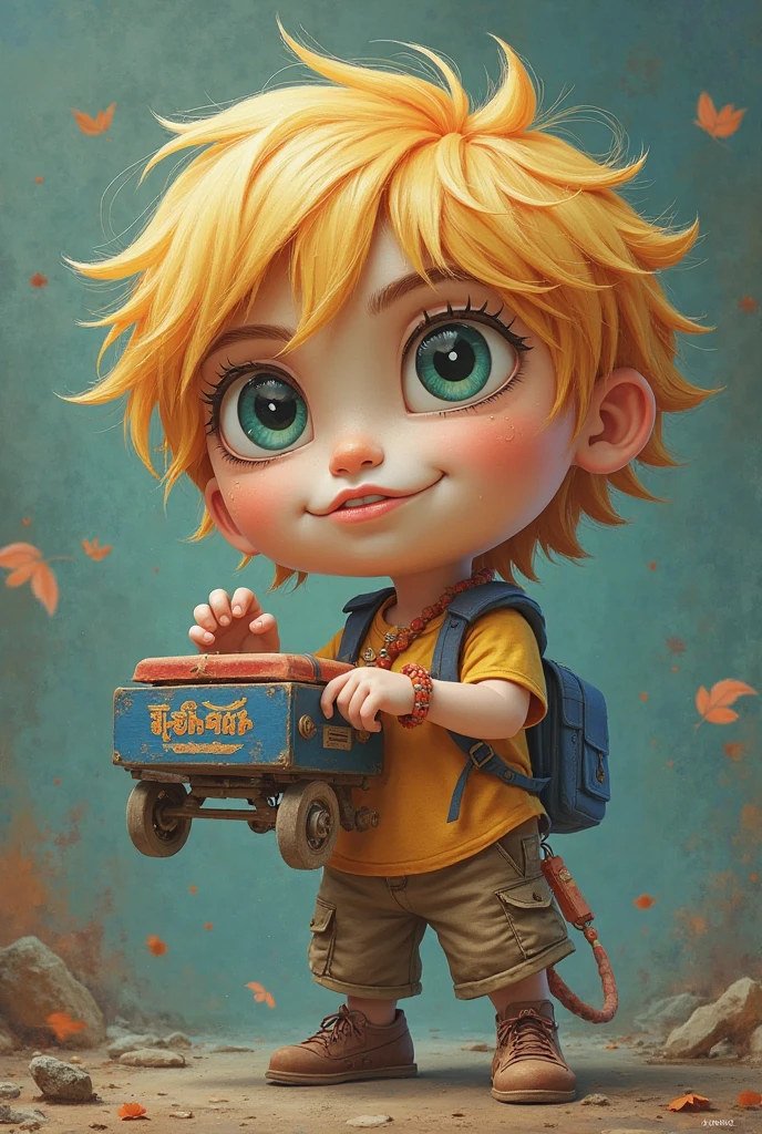 Boy in big yellow hat and red bow tie:1.3, Wearing a light blue shirt with yellow buttons:1.4、Wandering Boy in Ruins、character with a hat, cartoon image, Yellow shorts:1.6, Male child, Cute:2,