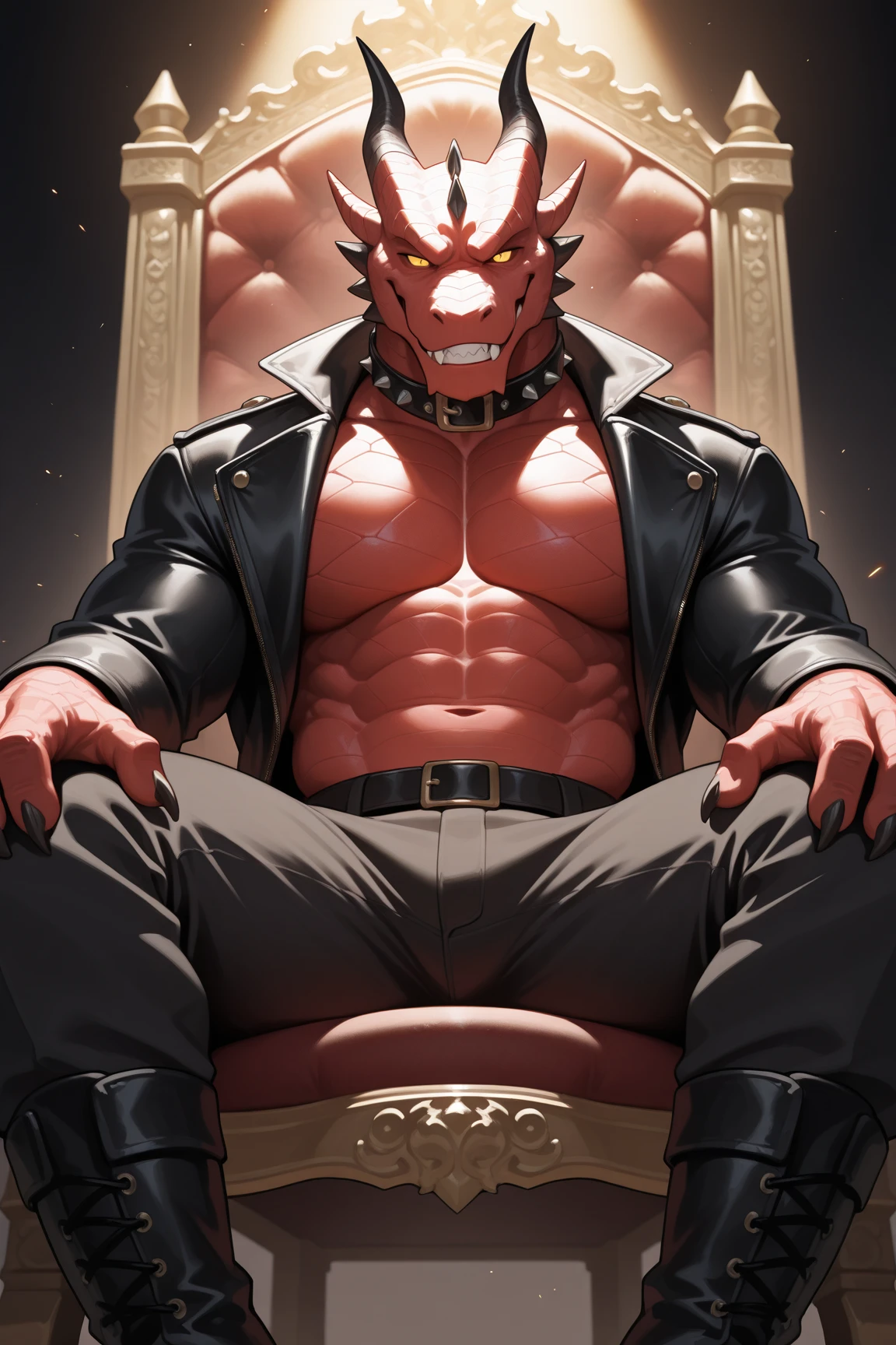 ((Um nu, Pumped male demon with yellow eyes dawns with red skin and a humanoid body with ugly features that shows his intimidating strength full of lust and malice showing his black tongue and sharp teeth drooling masturbating sitting with his thighs open looking in a way that seems defiant, intimidador, sem vergonha, luxuoso e sedutor, (part of penile heresion, head appearing and getting thick and hard so that your balls show satisfaction and relief with greater, bolas inferiores)), (there is another humanoid demon (lobisomem ou minotauro?) bombeado, but he has white skin, apart from his mouth, penetration between the groin, sucking the heresy on the penis, sexo gay, parecendo satisfeito, Boca aberta, Ofegante, tongue out) they covered his penis with their mouths