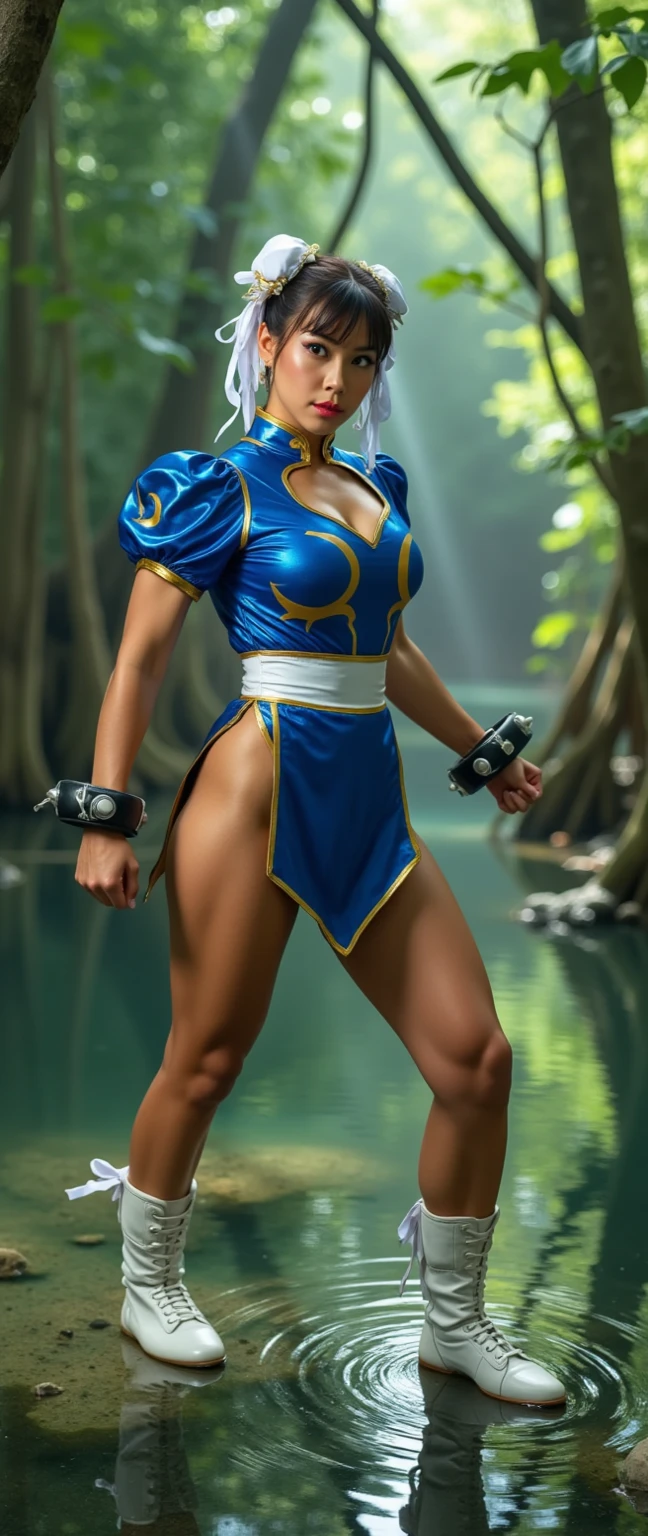 masterpiece, ultra high quality, ultra high definition, 8K, totally realistic, Chun-Li Zhang (Street Fighter), identical to the game, faithful to the anime, same as the game, very similar to the game, original costumes, original clothes, extremely beautiful, alone, full body, highly detailed face, fully detailed eyes, perfect eyes, perfect features, very beautiful body, perfect body, pele natural texture, cheerful smile, posing, sexy, full sharpness, (realistic photo)