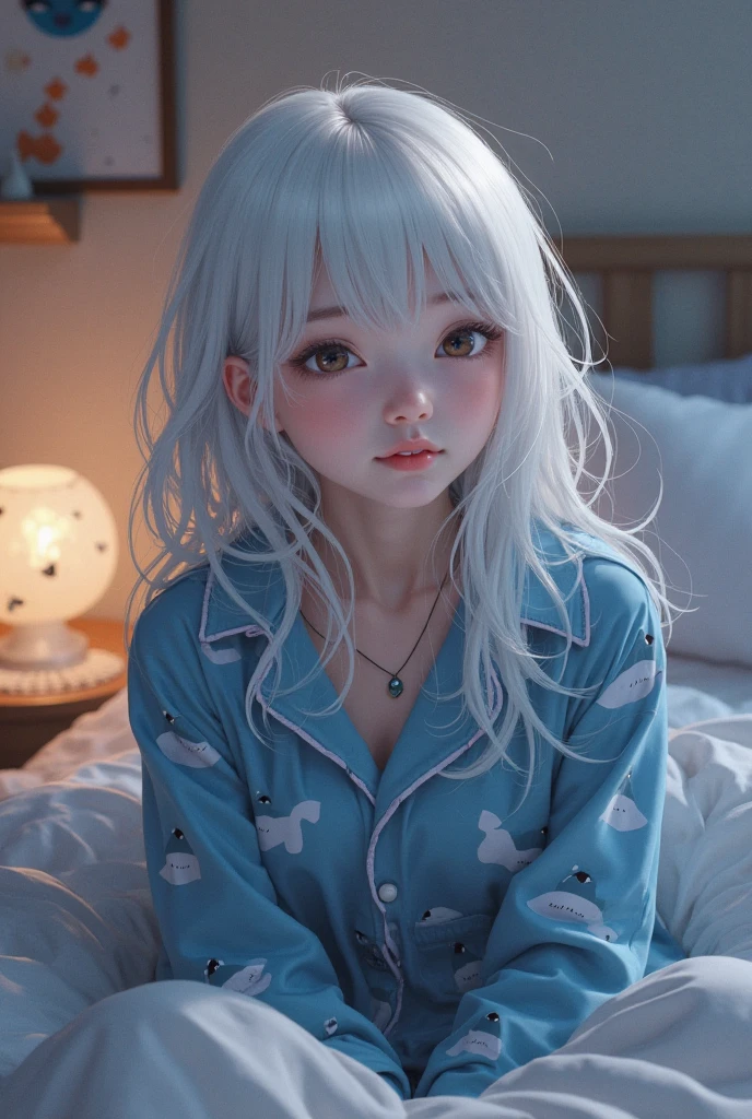 masterpiece:1.2, highres, highest quality, 16k, ultra-realistic, photorealistic:1.37, beautiful detailed, Vibrant colorful paintings, illustrations, ligne claire, dreamy, colorful:1.3, perfect composition, pleasant, yawn:1.5, hand on mouth:1.2, cute fangs:1.2, exposed to the wind a girl with messy white hair, wearing loose pajamas, sitting on a bed with soft pillows, a huge moon and a sea of stars behind her, long white hair, half-closed eyes, nature volumetric lighting and best shadows, deep depth of field, sharp focus, stunning full-body beautiful cute girl, soft delicate beautiful charming face with seductive black eyes, middle breasts, sharp eyes liner, longeyelash, bloom, picturesque