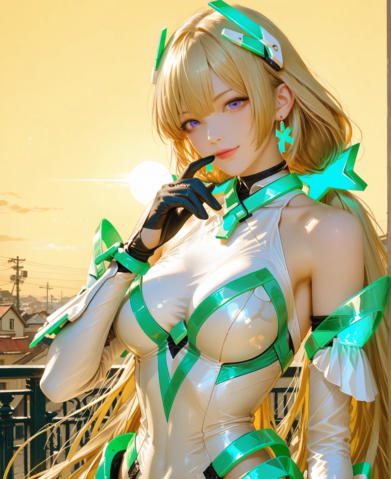 The most beautiful and sexy mecha warrior girl, blonde hair, green eyes, wearing a highly detailed futuristic hooded mecha battle armor, mechanical angel wings, huge enormously gigantic tits, cleavage showing, tons of tattoos and piercings, in hyper futuristic city metropolis, cherry blossoms blowing in the wind, highly detailed background, absurdres, highres, ultra detailed, (cute illustration:1.5), (cute,kawaii,sweet:1.2),
(1girl:1.4), bodysuit, cyborg girl,
hyper gigantic mechanical hands,dynamic pose, looking back at the camera
nice hands, perfect hands, incredibly cinematic, best quality, best resolution