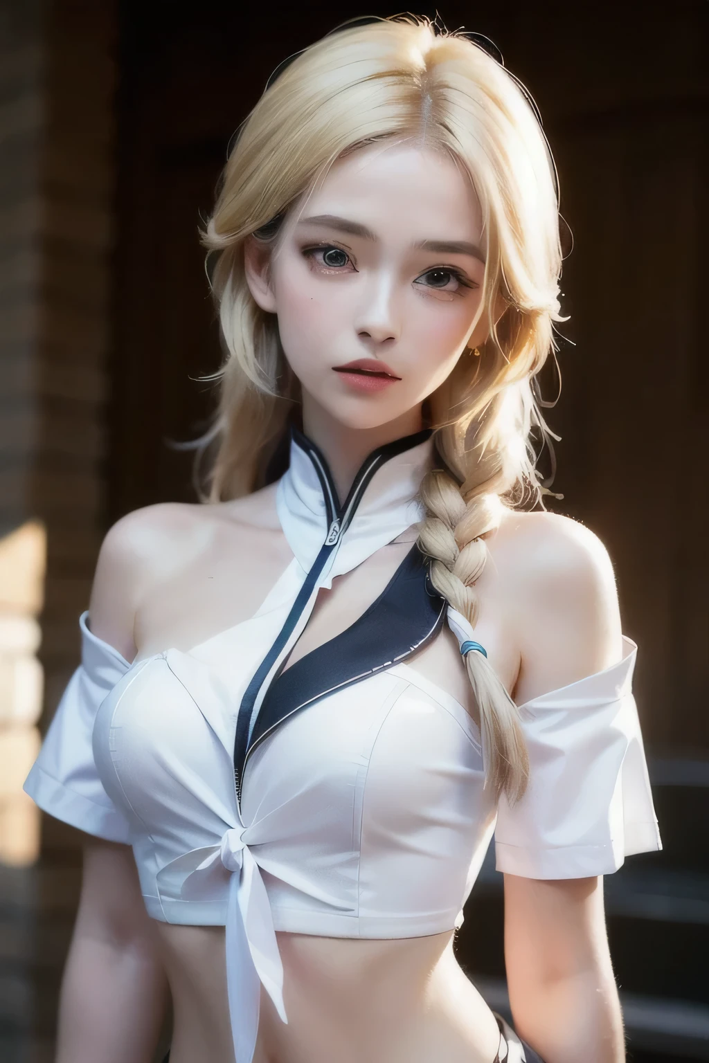 1girl in, Long Blonde Hair, Blindfold, Big , White evening dress, Smile, Holding a sword, Solo, Best Quality, masutepiece, Portrait, Simple background, Looking at the camera, From the front, Detailed, Perfect , detailed art, High Definition, 4K, High resolution