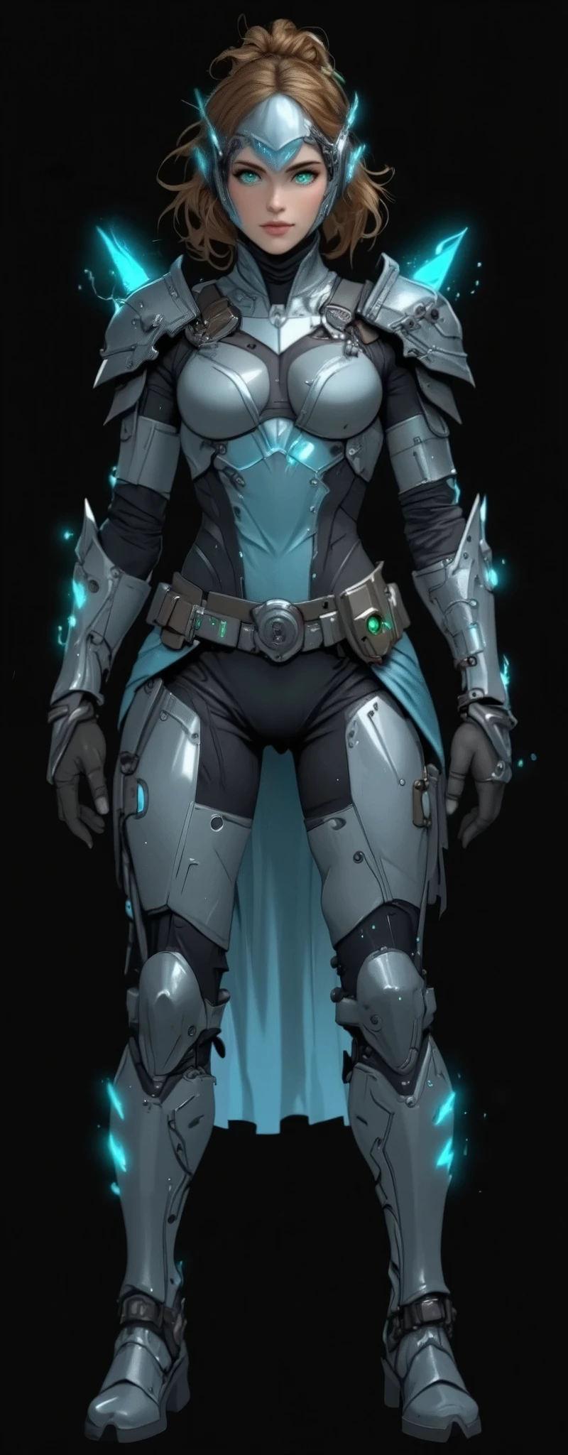 alexandra daddario,chargen_stylised_illustration,Front view,full body,character art,concept art,anime,sexy female,great body,female police knight,eagle wing concept,flying apparatus in her back,futuristic helmet,small energy wings shoulders,silver and blue,solemn look,energy accents,light brown haired,militar ponytail,light blue energy skirt,perfect composition