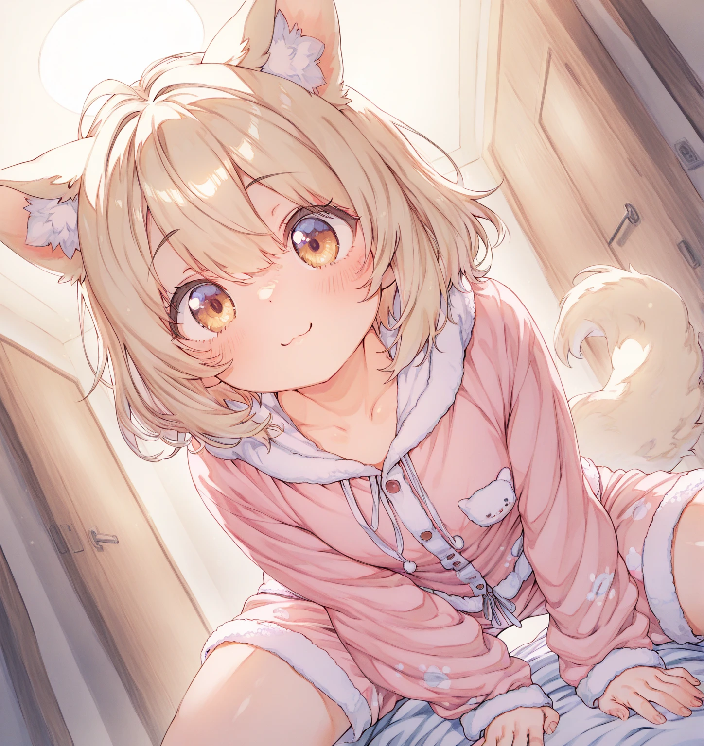 (Best quality, 8k, 32k, Masterpiece, UHD,:1.2),RAW, 1girl,ultra cute , natural lighting,transparent shining eyes, 20yo,medium breast ,fair complexion ,flushed face, dynamic angle, short hair, White sweater, squatting near windows, ((Big Norwegian Forest Cat at her foot)), Big Cat, Playing with Cat, fun expression, Happily, Show off panties, White panties