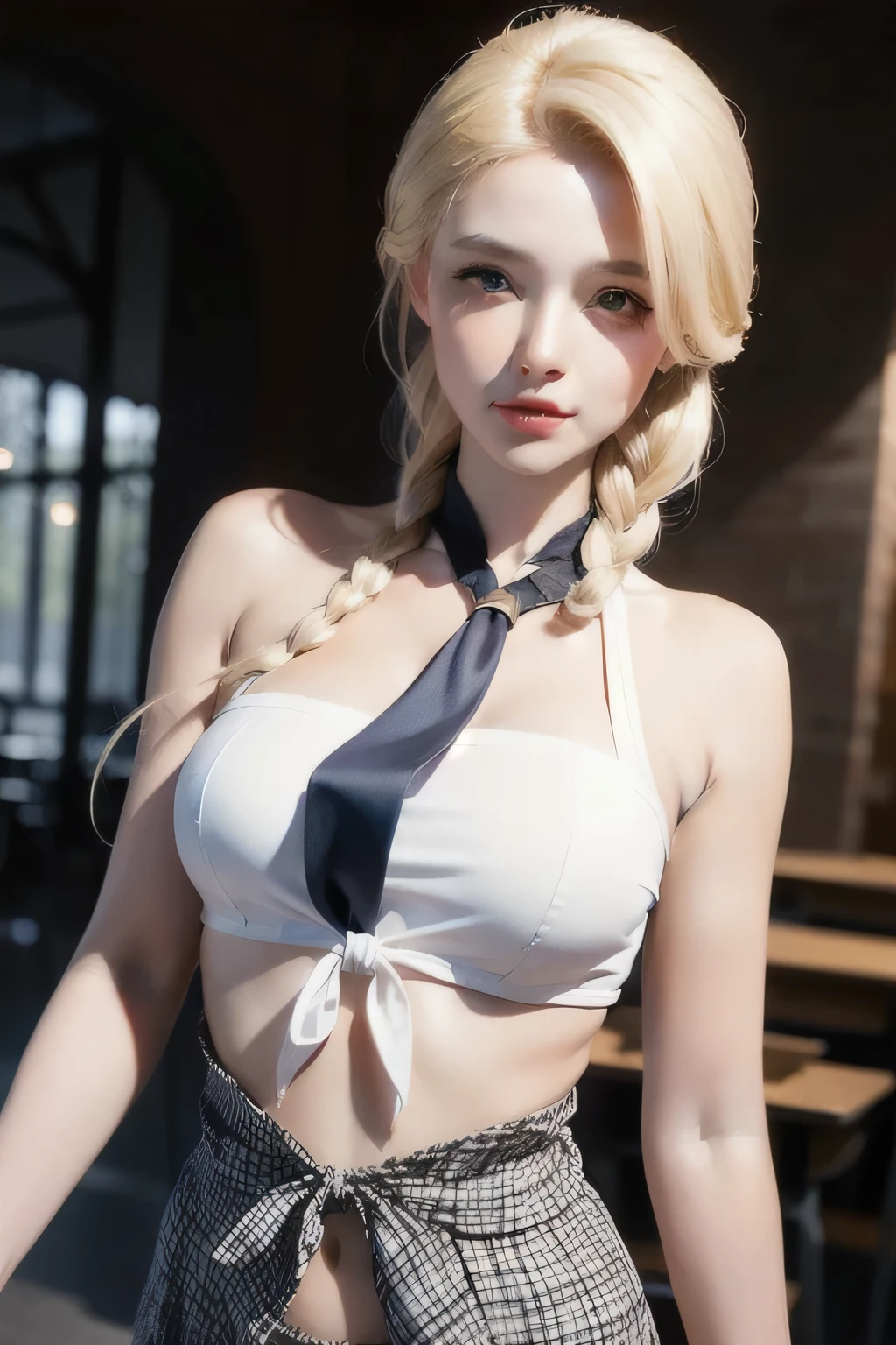 Girl, 22 years old, (tight dark red leather micro skirt), {{Masterpiece}}, Best quality, High quality:1.4), (realistic), eye_contact), perfect face, very pretty eyes, thin lace white short sleeved shirt, {slim sexy body}, (blonde hair color), BDSM, in a nightclub, leaning against the bar, short gloves (sheer stockings), earrings, toned abs, leather collar and chain, (slave), entire body in frame, ((slender thighs)), athletic figure, looking directly at viewer, (realistic), tattoo, ((oral invitation)), cheeks flushed, eye makeup, white top, detailed fingers, detailed fingernails, cream colored fingernails, full shiny lips