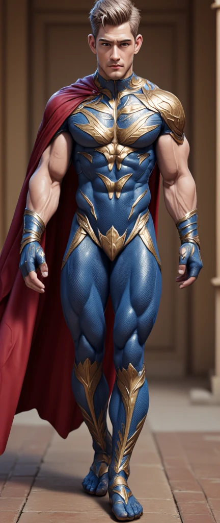(muscular cute beautiful young boy Arion), huge strong biceps volume, huge chest muscles volume, muscular strong legs, exposed abs skin, tight leather blue trunks and cape, wavy hair, huge cock bulge, mountains background