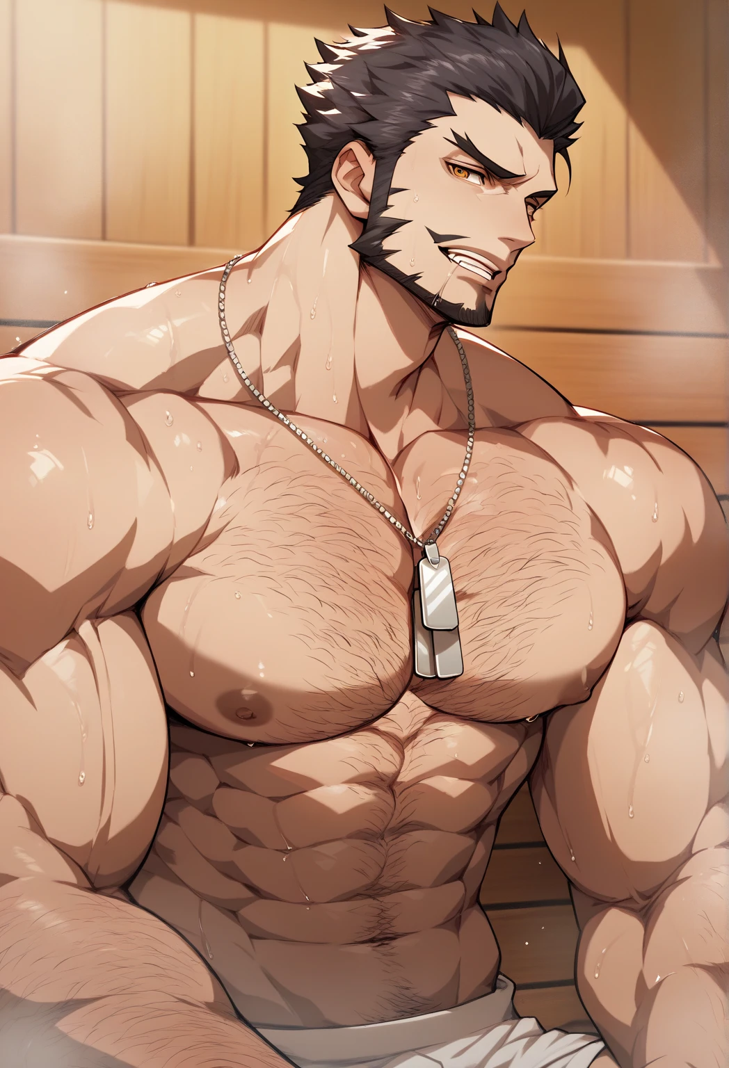 male, (mature japenese daddy swimming coach), (naked upper body), (wearing swimming underwear), erecton upward, handsome, muscular, hairy, (blush), (posture with arms crossed), (ashamed because of his erection up), middle aged man, homoerotic, Standing, realistic, night, hairy legs, wet body, sweaty, (The man look at his bulge)