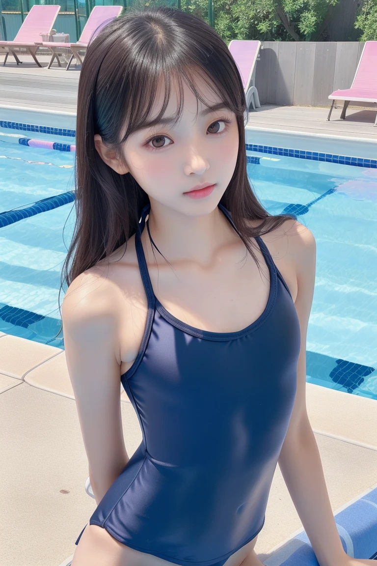12 years old, 1 girl, sad, crying, frowning, 4k, best quality, night, ultra detailed skin, mole, Japan school swimsuit, skinny body set, tightly wet