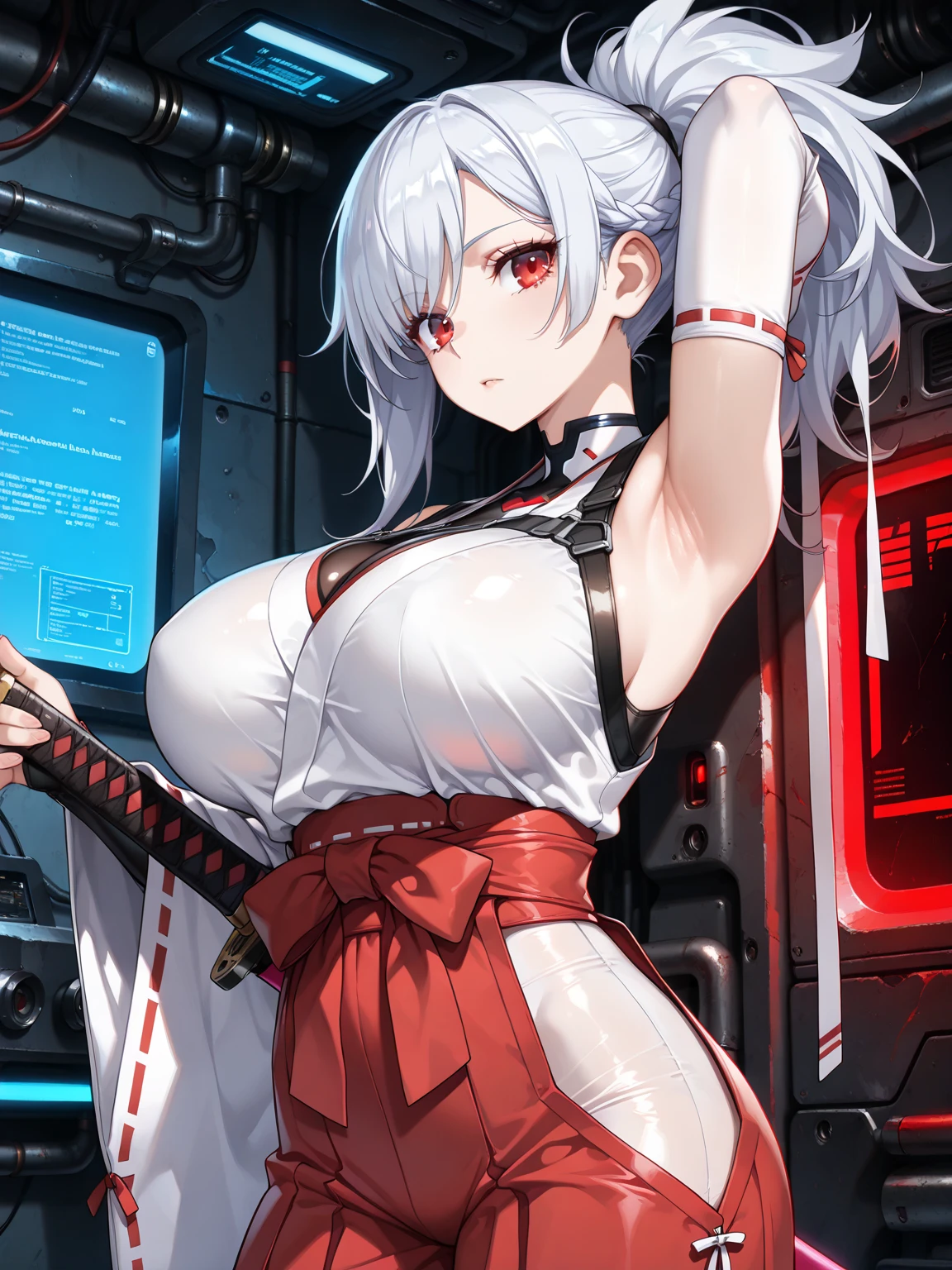 solo, white hair, red ribbon, headgear, ponytail, gradient hair, heterohromic,((red eyes, blue eyes, double coulored eyes,blue flaming eye)), white coat, sports bra, prosthetic arm, bandaged arm BREAK detailed shading,blush,big breast,Concept Larger insertion,sex,penetration,bulge,rolling eyes,orgasm,pleasure,sweat
