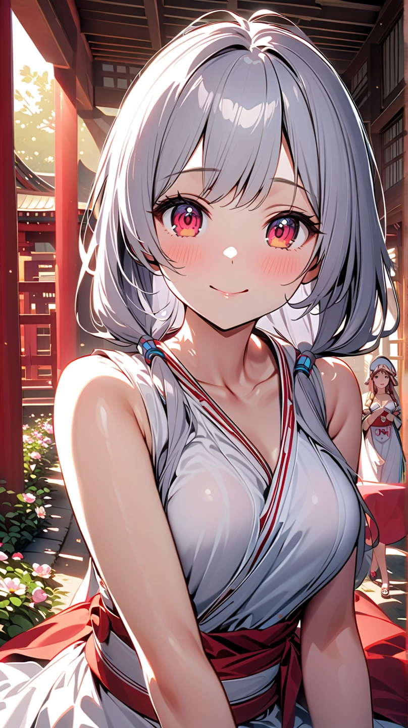 ((One personの女性)), Beautiful Face,Laugh shyly,((Wink:1.9)),Laugh with your mouth wide open((Bright red cheeks:1.4)),Shiny red lips,night,rooftop,Festive decorations,You can see the ocean, firework,Laughing with your mouth open,Glossy pink lips,Lighting on the face,((Anime style background)),masterpiece, Highest quality, so beautiful,Latest, Complex details, (Pink long nails),(ring),(bracelet),(choker),AI-generated, Complex,High resolution, Highest quality, super high quality,3D Images、3D Images,One person,Long white hair,High Ponytail,(White eyes),Anime woman posing for a photo, ((fine grain、Silver-white colorful eyes、Shining Eyes:1.4)),(Squint your eyes:1.1),a hyperRealistic , hyperRealistic , Realistic,Long white hairのアニメ女性, Smooth anime CG art, A woman in a colorful kimono with gold embroidery, (black furisode),Red floral pattern,Long flower hair ornament,big floral earrings,Mature Body,(:1.1),expensive,Abdominal muscles,Narrow waist,(Zoom up to face:1.7),Shooting from diagonally below