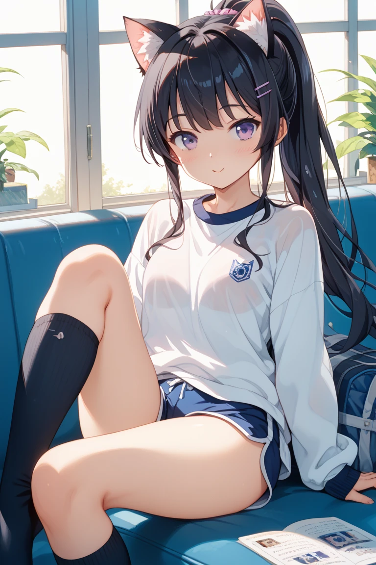 (masterpiece, highest quality:1.2), 1 girl, alone,hoodie、sitting on a blue cushion