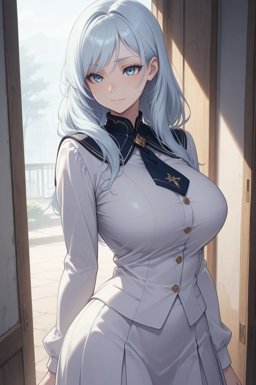 official art, masterpiece, sharp focus, (beautiful gorgeous cute Korean woman:1.3), (beautiful cute korean:1.3), korean beauty, Delicate and beautiful hair and eyes and face, realistic, ultra detailed, beautiful girl, blue sky, glow white particle, (sidelighting:1.2), slender, Lovely, very huge breasts and wide hips, massive breasts, ((smile with eyes, open both eyes)), scenery, long straight hair, sexy facial expression, dynamic hair, long straight hair, detailed platinum blond hair, glow blue eyes, (short grey skirt+white off shoulder blouse), pale skin, at school
