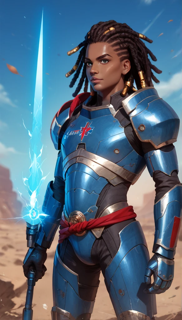 science fiction armor,,Dark-skinned male teenager, biotic super power, blue energy, african hair dreadlocks, light armor, ,flat color, blue armor, ,flat color,light armor, , blue and gray armor, , in a battleground ,, Strenua, in battle scene with background , red long sash,flat ,, lght armor red and blue, young, 1boy solo