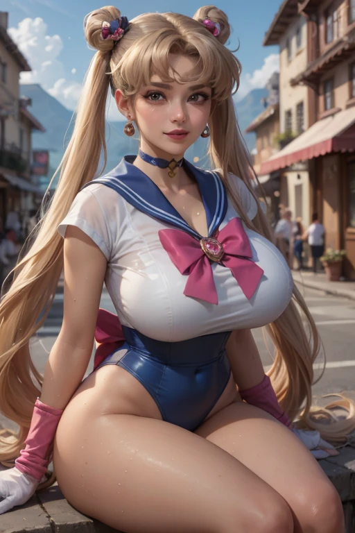 hi res, masterpiece, 8k, nsfw, sailor moon, (gigantic tits: 1.6), (dense pubic hair: 1.4), (sailor moon is sit with her legs spread wide on the ground: 1.4), (sailor moon is having a huge dildo in her vagina while orgasm: 1.4), cum, squirting, sweating, palm beach, day