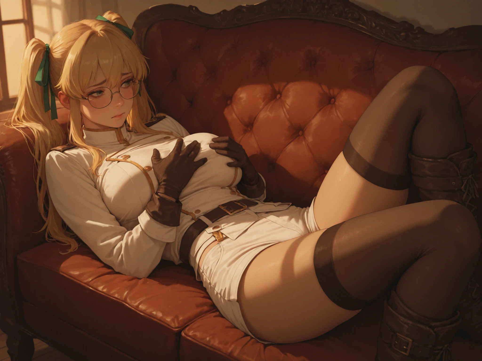 Highest quality、Ultra-high resolution、Fantasy、roleplaying game、Naked busty woman with braids and glasses looking embarrassed on bed