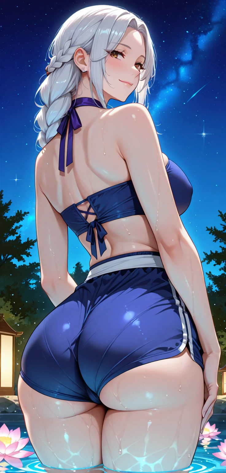 Tsunade Senju, 1 girl, ((bimbo))), long blond hair, puffy lips, painted lips, thick lips, wide hips, thick thighs, huge ass, screaming , enormous huge natural breasts, mature mom, purple shirt, white skirt, in my bed, kissing another woman, huge bloated overflowing saggy beach ball panties about to burst