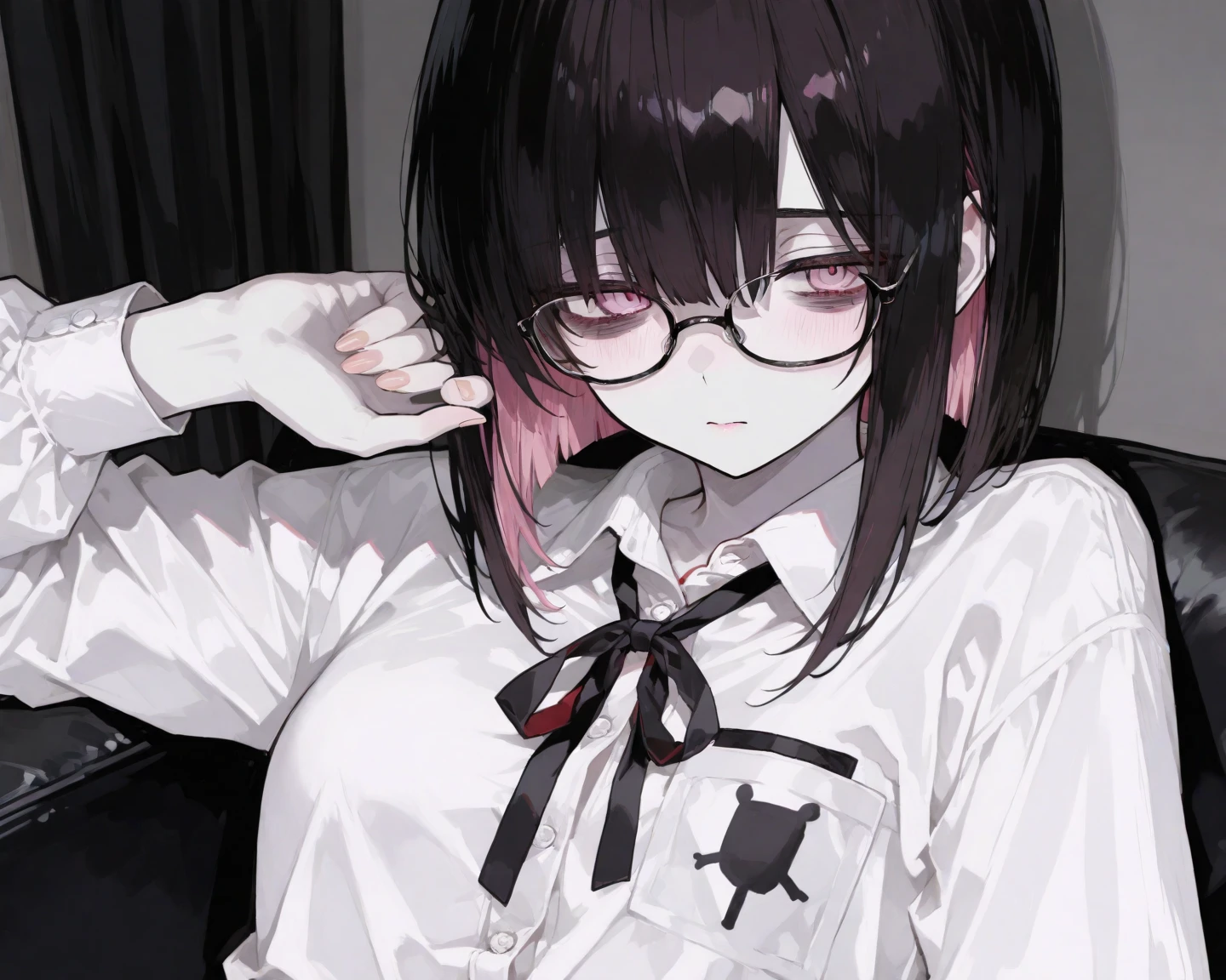 1girl, chainsaw man, rabbit hole \(vocaloid\), yoru \(chainsaw man\), absurdres, official art, solo, animal ears, bare legs, barefoot, black hair, black leotard, bow, bowtie, clothing cutout, cross scar, detached collar, fake animal ears, feet, heart cutout, jacket, knee up, leotard, open clothes, open jacket, open mouth, pink bow, pink bowtie, pink eyes, playboy bunny, playing with own hair, rabbit ears, scar, scar on cheek, scar on face, scar on nose, sitting, solo, strapless, strapless leotard, white jacket, ((very aesthetic, best quality, ultra detailed)), painterly