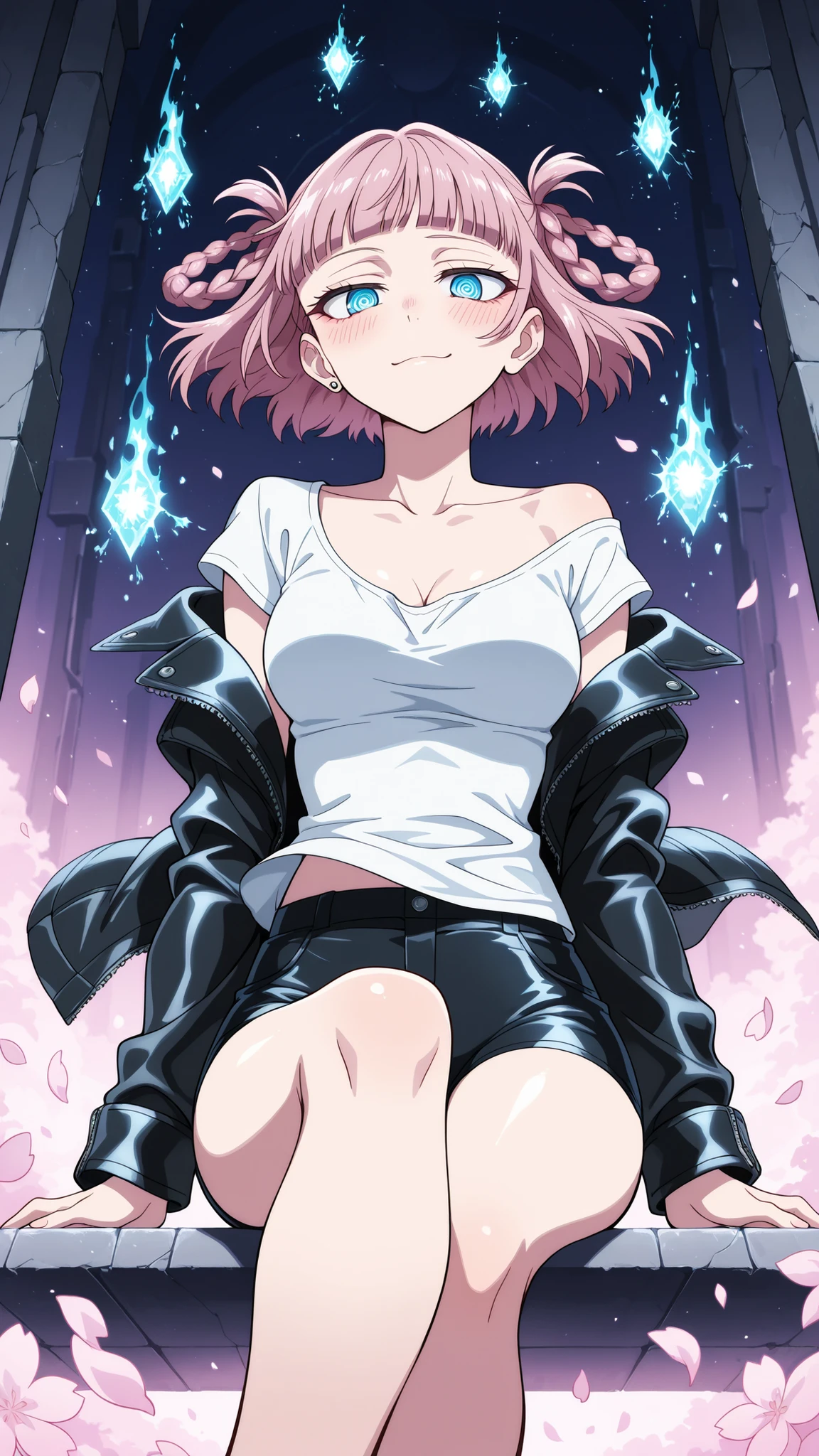 BREAK (masterpiece:1.2), best quality, high resolution, unity 8k wallpaper, (illustration:0.8), (beautiful detailed eyes:1.6),Futuristic cemetery where holographic tombstones flicker under acid rain, augmented mourners in LED-kimonos kneel before AI shrines, their cybernetic hands clasping burning digital incense,Neon cherry blossom petals dissolve into static as they touch the ground, while the ghosts of deleted avatars flicker between mausoleum servers, nazuna nanakusa, short hair, bangs, blue eyes, pink hair, braid, blunt bangs, hair rings, ringed eyes,black leather jacket,white short t-shirt,naval,cleavage,collarbone, shoulder,tight shorts,floating hair,blush, expression,piercing,chocker,cowboy shot,sitting,cross legs,from below,looking at viewer,