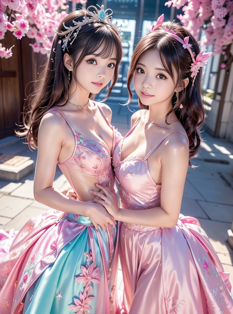 nsfw, sexy golden Thai princess, only 1 female, ((doll-like appearance)), short neon pink stylish hair, ((shiny Victorian-Style boots)), (big smile), ultra detailed eyes, vivid eye makeup, lipgloss, long lashes, defined eyebrows, ((sexy Paradise Kiss cosplay)), bell-shaped skirt, petticoats, high neckline, puffed sleeves, ((ultra detailed lace)), ((ultra detailed embroidery)), intricate details, Paradise Kiss accessoires and matching headpiece, choker, ((large sparkling Paradise Kiss jewelry)), cinematic light, detailed large park background with trees