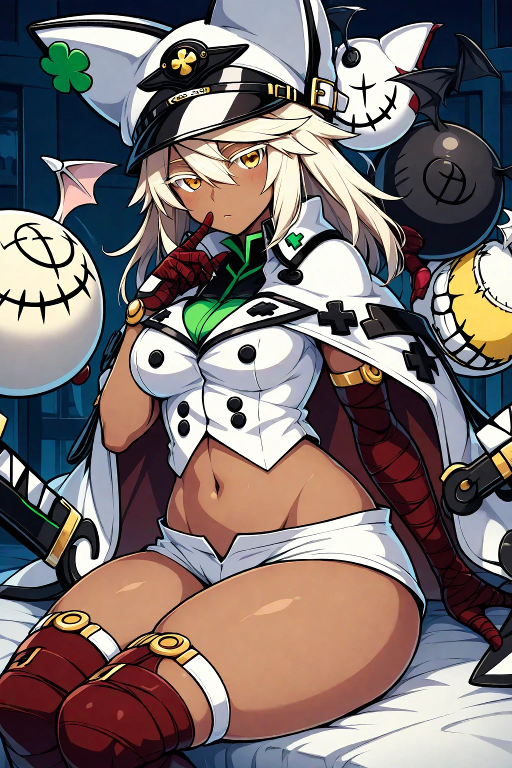 (masterpiece:1.2),Detailed explanation, Awards, high quality, High resolution, HD, 4K,8K,high quality,(professional illustration:1.1),large breasts,(Chewy breasts,tender breasts:1.3),close up face,Thighs focus,Ramlethal Valentine,Guilty Gear,dark skin,shorts,Cape,Hood Cap,(loli)