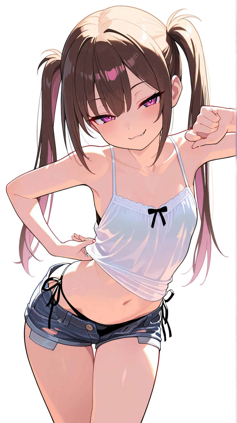 ((The best image quality、the best、1 female、Drawing in detail))、
(asymmetrical hairstyle、Long Hair、One Side Up、one side up、Chipped bangs、Black Long Hair、Long Hair、bangs、hairstyle are tied with pink ribbons、amount)、
Dark Skin、Shiny skin、Dark Skin、Modest chest growth、Mature Woman、
Orange eyes、smile、Proud face、Laughing with your mouth open、smug face、Doya face、Confident、
((White T-shirt、Very short denim shorts、Navel exposure、See-through clothing、Low-rise denim shorts、Pussy juice))、((Blowjob gestures、Watching the audience、Outdoor、Upper Body、saliva、Verbal invitation))、(Around town、Alley、darkness)