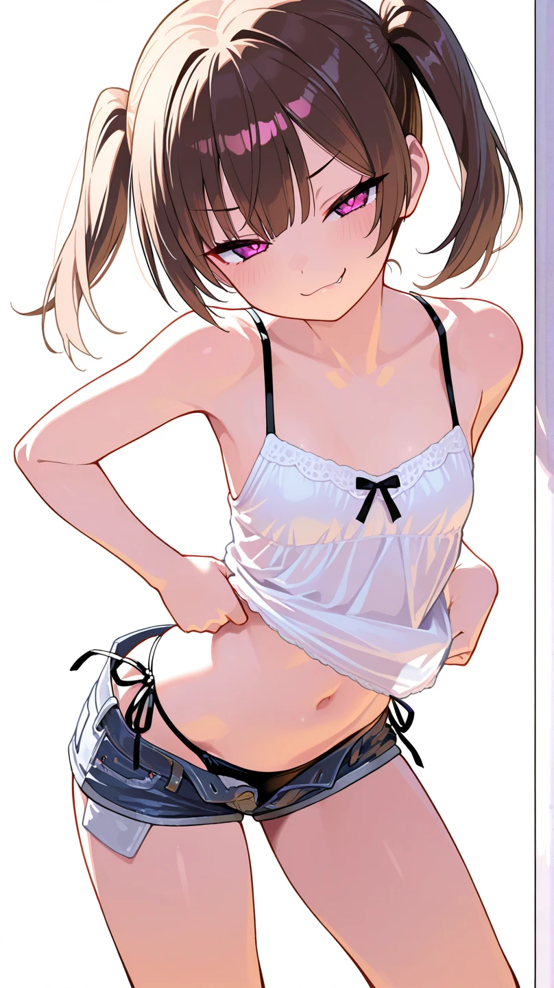 photographrealistic, {{{masutepiece}}}, {{{Best Quality}}}, (ultra-quality), {{Ultra-detailed}}, {Illustration}, {{extremely delicate and beautiful}}, 8K, 2D, (((((Take a selfie with your smartphone))))), Take a picture of yourself of a girl, (((( self - portrait)))), 1 child girl, 14years, Open chest, ((((Shotti:140 cm)))), (((child's body:1.2))), (((child-faced:1.2))), Cute face, (Small chest:1.2), dark brown eyes, (dark brown hair), Medium Bob Cut, hair clips, lightsmile, White smartphone in her hand, Take a selfie in the mirror, Detailed background, (((directly in front))), ((Face Focus)), (((((in the crotch))))),