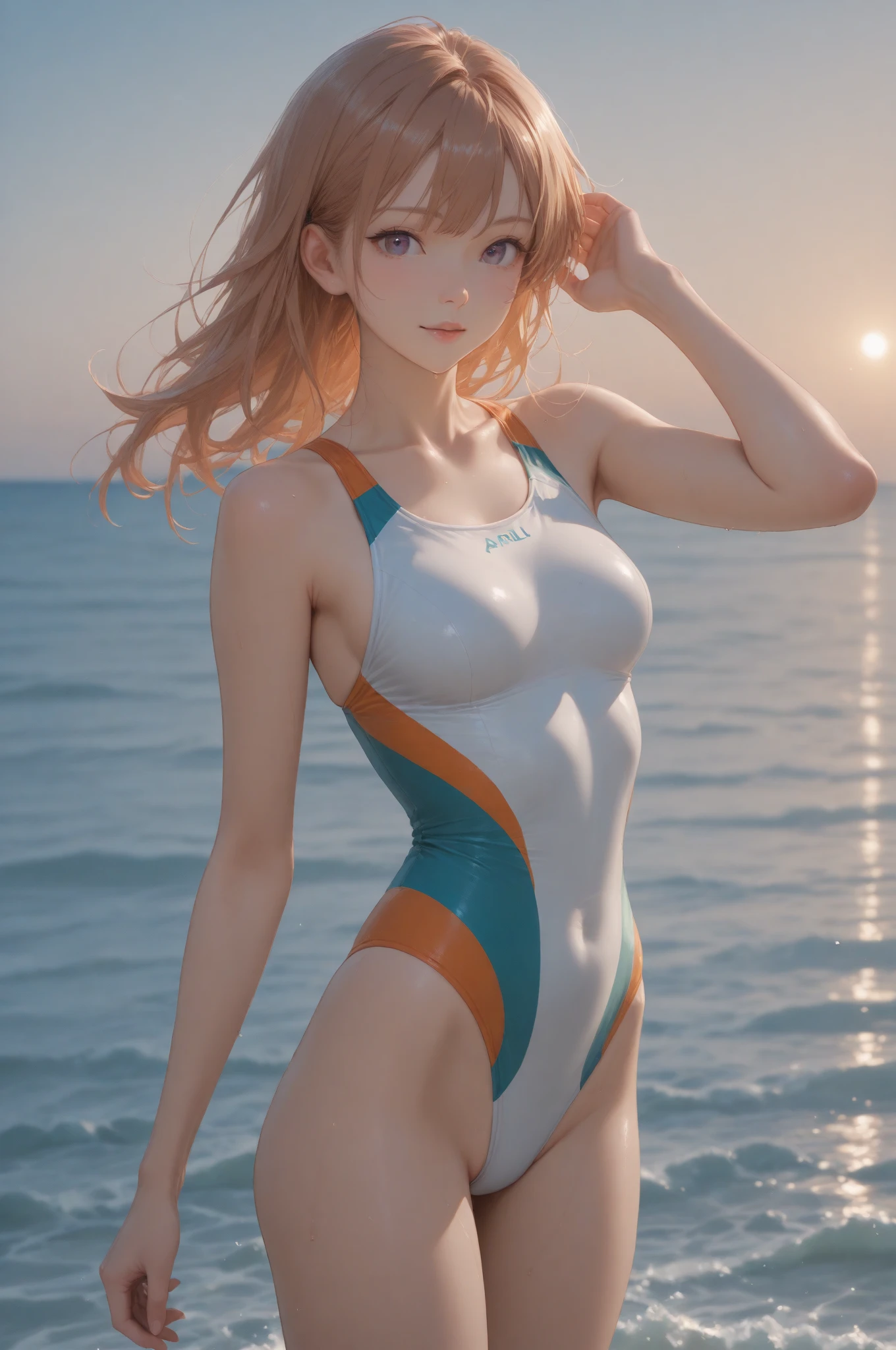 (Anime character Asuna:1.2) skinny girl, The exquisite female form of a teenage girl, enjoying a sunny day at the beach in her stylish swimsuit, basking in the warm sand, feeling the gentle ocean breeze. young cute anime girl,